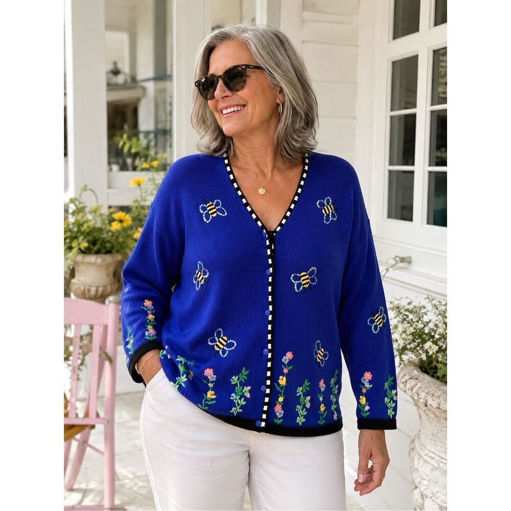 Quacker Factory 3X Bumble Bee Cardigan Sweater Sequin Embroidered Royal Blue